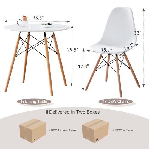 Lecafur HL 5-Piece Round Dining Table Set, Small 35.5" Kitchen Table Chairs Set of 4 Space Saving Furniture, Plastic Seats, Solid Wood Legs, for Living Room Apartment Office Home, White Lecafur HL