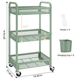 YASONIC 3 Tier Rolling Cart – Metal Utility Storage Carts with Wheels, Craft Carts Organizer with Hanging Cups, Hooks, Mesh Basket for Bedside Kitchen Office Art, Green