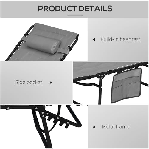 Outsunny Padded Folding Chaise Lounge Chair Outdoor Set of 2, 5-Level Reclining Patio Loungers, Tanning Chairs with Side Pocket, Headrest and Carrying Handle for Beach, Yard, Patio, Gray