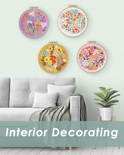 ERKOON 4 Sets Embroidery Kit for Beginners,Hummingbird and Flower Cross Stitch Set for Include Embroidery Cloth Hoops Threads for Craft Lover Hand Stitch (Flower) ERKOON