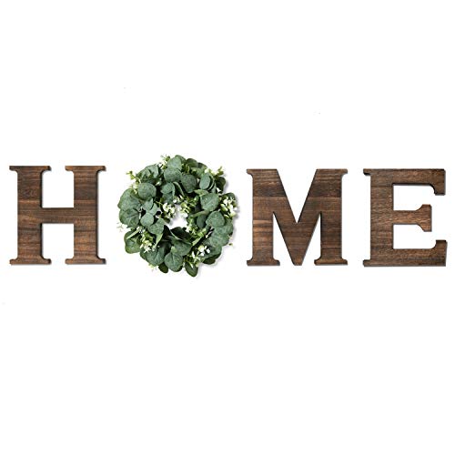 Yoleshy Wooden Home Sign with Artificial Eucalyptus Wreath for O, 9.8'' Home Letters With Wreath For Wall Hanging Decor, Rustic Wall Letters Decor For Living Room, Entry Way, Kitchen, Etc (Brown)