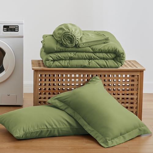 Love's cabin Twin Comforter Set Olive Green, 5 Pieces Twin Bed in a Bag, All Season Bedding Sets with 1 Comforter, 1 Flat Sheet, 1 Fitted Sheet, 1 Pillowcase and 1 Pillow Sham Love's cabin