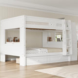 LUMISOL Full Over Full Bunk Bed with Desk and Bookshelves, Solid Wood Bunk Bed with Drawers for Kids Teens Adults, Safety Guardrail, Space-Saving Wooden Bunk Beds with Storage, White LUMISOL