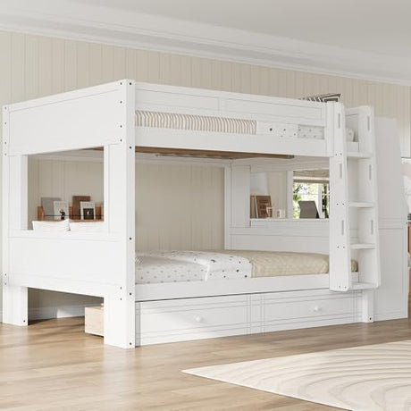 LUMISOL Full Over Full Bunk Bed with Desk and Bookshelves, Solid Wood Bunk Bed with Drawers for Kids Teens Adults, Safety Guardrail, Space-Saving Wooden Bunk Beds with Storage, White LUMISOL