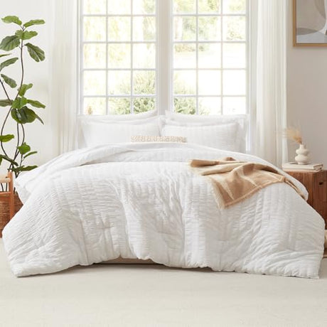CozyLux Twin Comforter Set with Sheets 5 Pieces, White Seersucker Textured Bed in a Bag for Girls, Luxury Soft Bedding Set with Down Alternative Comforter, Sheets, Pillowcase & Sham for All Seasons CozyLux