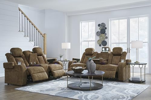 Signature Design by Ashley Wolfridge Contemporary Faux Leather Power Reclining Sofa with Drop Down Table, LED Lights, Electrical Outlet, Wireless Charging, USB Ports and Cup Holders, Light Brown Signature Design by Ashley