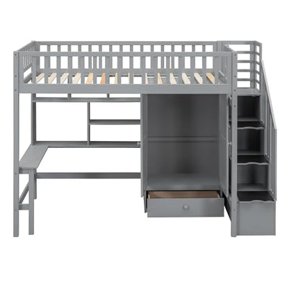 Twin Loft Bed with Storage, Desk, and Wardrobe by Harper & Bright Designs - Grey Solid Wood Frame - WoodArtSupply