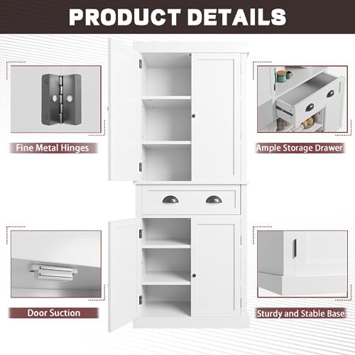 Furniwell 72" Kitchen Storage Cabinet with Drawer, Tall Kitchen Pantry Cabinet with Doors and 3 Adjustable Shelves, Freestanding Cupboard for Kitchen, Dining Room, Living Room (White) Furniwell