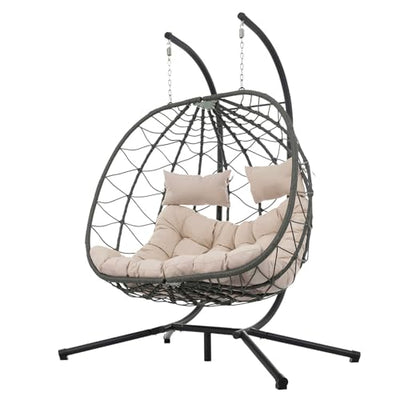 ZOMEYLPO Double Hanging Egg Chair, Hammock Chair with Stand, Swing Chairs with Cushion 700 LBS Capacity for Indoor, Bedroom, Outdoor, Porch, Patio, Beige