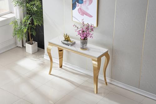 Modern Rectangular White Faux Marble Console Table, 0.71" Thick Faux Marble Top, 4 Stainless Steel Legs with Gold Mirrored Finish for Living Room (White6) ShopBOPP