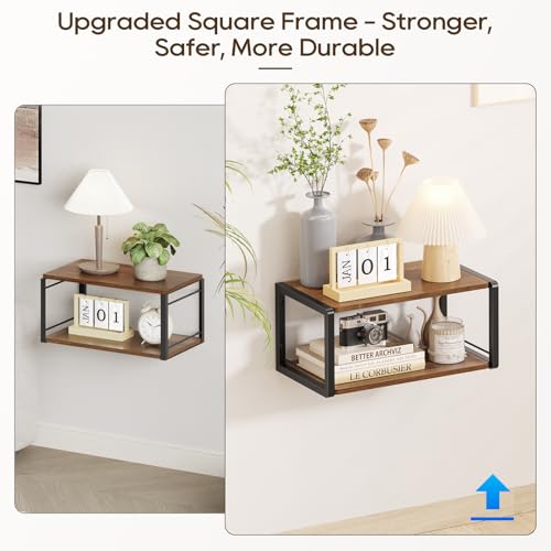 NANAGIFTREE Floating Nightstand Set of 2, Wood Bedside Shelf Wall Mounted Nightstand with Heavy-Duty Frame, Floating Bedside Table for Bedroom, Bathroom, Kitchen, (Vintage Brown, 2 Pack) NANAGIFTREE