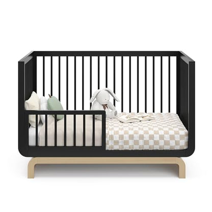 Storkcraft Santorini Deluxe 5-in-1 Convertible Crib with Bonus Toddler Guardrail (Black with Driftwood) – GREENGUARD Gold Certified, Toddler Guardrail Included in Box, Fits Standard Crib Matt - WoodArtSupply