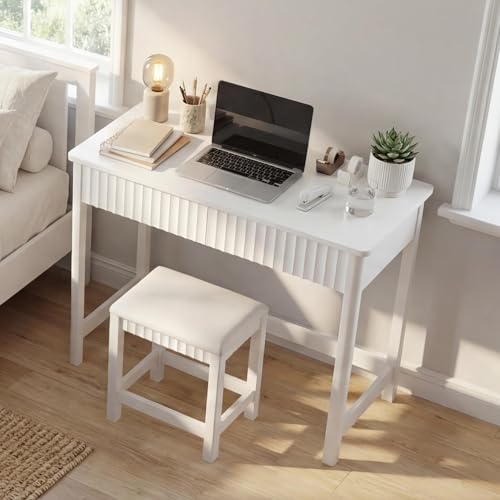 ChooChoo 40 Inch Modern Desk with Drawers, Makeup Vanity Desk with Padded Stool, Small Home Office Desk for Bedroom, White ChooChoo
