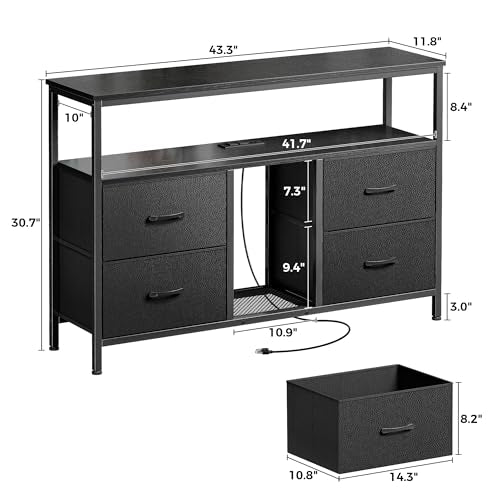 Huuger TV Stand Dresser with Power Outlets and LED Lights, 4 Drawers Entertainment Center with Open Shelf, Media Console for 50 43 Inch TV, Dresser with PU Finish, Black Huuger