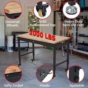 Adjustable Height Workbench 60" x 22" Worktable - Heavy Duty Rubber Wood Top, Mobile Workstation with Power Outlets & Wheels, 2000 Lbs Load Capacity - Ideal for Garage & Workshop, Hardwood Workbench Acekool