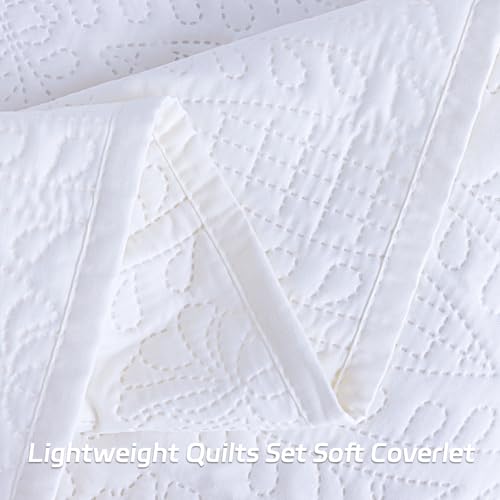 SheRest Full Quilt Bedding Set - White Soft Breathable Bed Quilts, Modern Style Embossed Bedspreads, Lightweight Microfiber Reversible Coverlet for All Seasons-3 Pieces (1 Quilt,2 Pillow Shams) SheRest