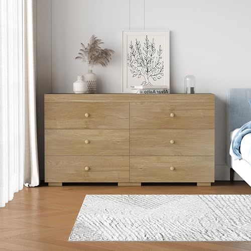 Zenflare Dresser for Bedroom 6 Drawer Wood Dresser 58.3" Wide, Large Chest of Drawers for Bedroom, Living Room, Hallway, Entryway, Modern TV Stand Drawer Organizer, Light Oak - WoodArtSupply