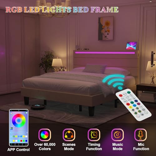 Benevika King Size Upholstered LED Bed Frame with Integrated USB Ports and Sturdy Wooden Slats - Beige Benevika