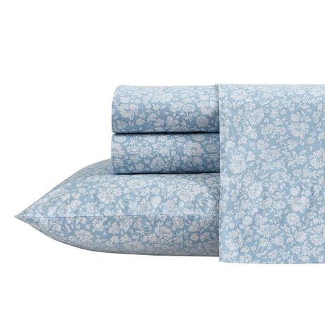 Laura Ashley - Queen Sheets, Cotton Percale Bedding Set, Lightweight & Breathable Home Decor (Heirloom Ditzy Blue, Queen) Laura Ashley