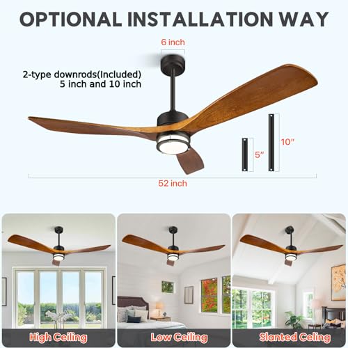 Vallerico 52'' Ceiling Fan with Lights, 3 Wood Blades Ceiling Fan with Noiseless Reversible DC Motor, Multi Speed Low Profile Ceiling Fan with Remote Control for Bedroom, Living Room, Summer  - WoodArtSupply