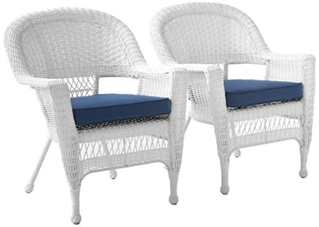 Jeco Wicker Chair with Blue Cushion, Set of 2, White/W00206- Jeco
