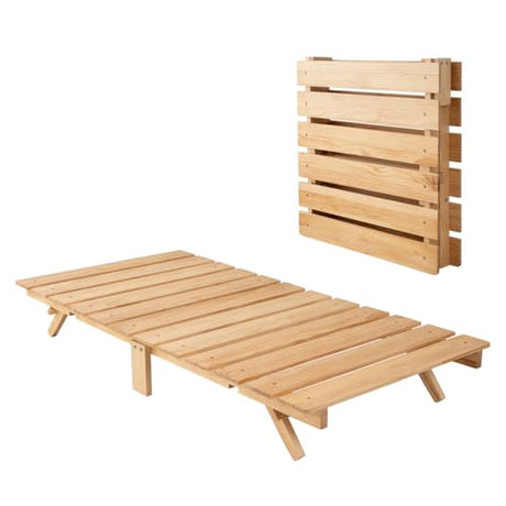 EMOOR Foldable Wood Slatted Floor Bed Frame OSMOS Twin Solid Pine (Earth-Natural), Easy Assembly Space Saving Storable Floor Life Tatami EMOOR
