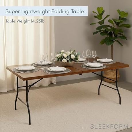Sleekform 6ft Wooden Folding Table with Handle, Wood Folding Banquet Tables for Dinner - 6 Foot x 28 in, Portable, Sturdy & Lightweight Foldable Table for Dinner, Conference or Picnic Sleekform