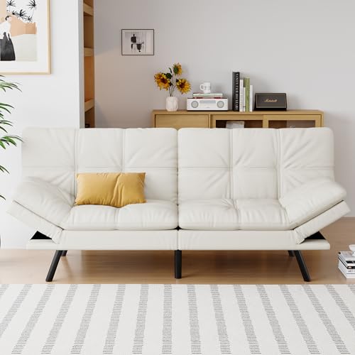 AMICLIBER Futon Sofa Bed Convertible Couch, White Faux Leather Sofa Bed with Memory Foam, Adjustable Backrest & Armrests, Multifunctional Small Loveseat Sleeper Sofa for Living Room, Apartment, Office AMICLIBER