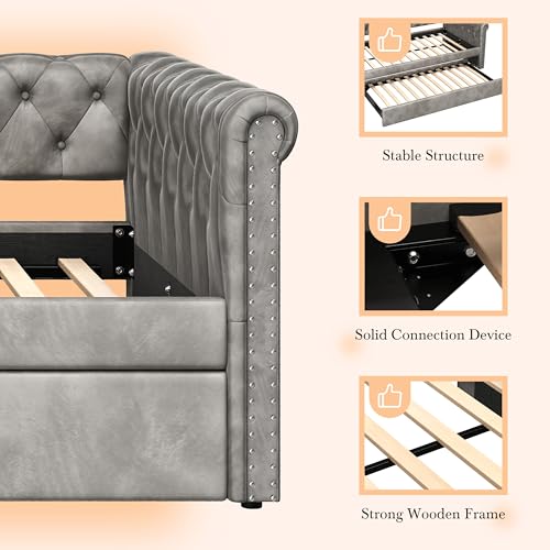 Christopher Knight Home Upholstered Daybed with Trundle, Twin Size Trundle Sofa Bed, Couch Bed with Backrest and Curved Armrests, No Box Spring Needed, for Living Room, Bedroom and Guest Room, Grey Christopher Knight Home