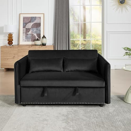 HKYYUANQI Velvet Small Loveseat Lounge Couches, 3 in 1 Convertible Sleeper Futon Sofa Bed with Reclining Backrest and Side Pockets for Living Room, Pull-Out Couch HKYYUANQI