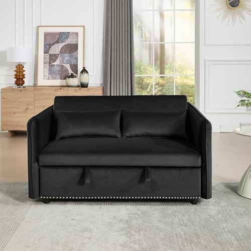 HKXINANJIAHE 3 in 1 Convertible Sleeper Futon Sofa Bed, Velvet Small Loveseat with Reclining Backrest and Side Pockets for Living Room, Includes 2 Pillows HKXINANJIAHE
