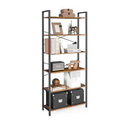 VASAGLE Industrial 6-Tier Bookshelf with Steel Frame - Rustic Brown and Black, Ample Storage for Home or Office - WoodArtSupply