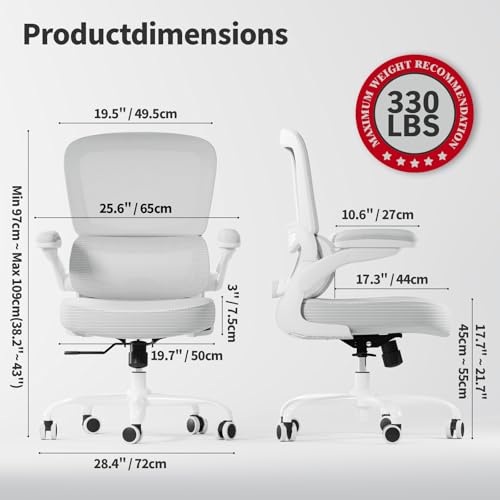 TRALT Ergonomic Office Chair - Desk Chair with Adjustable Lumbar Support Computer Chair - Mesh Comfy Chair with Flip-up Armrests - Gaming Chairs for Adults Home Office (Leather, White) TRALT