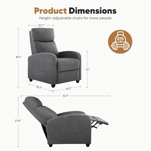 DUMOS Recliner Chair for Adults, Massage Reclining Chair for Living Room, Adjustable Home Theater Seating Single Sofa with Padded Seat Backrest and Footrest, Linen, Grey DUMOS