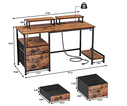 Furologee Computer Desk with Drawer and Power Outlets, 47" Office Desk with 2 Monitor Stands and Fabric File Cabinet, Writing Gaming Table with Shelves and 2 Hooks for Home Office, Rustic Brown Furologee