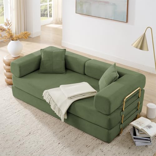 Antetek 78" Convertible Futon Sofa Bed, 3-Seater Modern Corduroy Foam Floor King Size Bed Foldable Sleeper Lounge Loveseat Sofa Couch with 2 Throw Pillows for Living Room Bedroom Guest Room, Green Antetek
