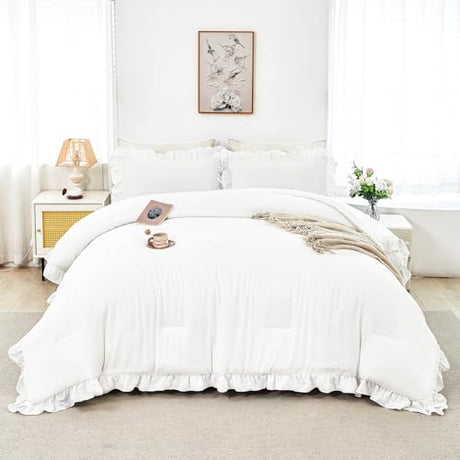 ANGIYUIN White Ruffle Comforter Set Twin 5 Pieces Ruffled Bed in A Bag with Sheets Soft Farmhouse Bedding Sets for Kids Girls Teens(White Twin) ANGIYUIN