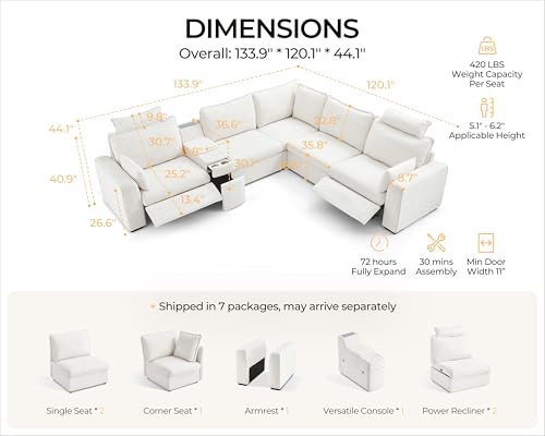 Bedeep Oversized Modular Sectional Sofa with Double Power Recliner, Cloud Reclining Couch with Headrest, Storage Drawer Charging Cup Holders, Deep L-Shaped 6 Seater with Corner, Chenille, White