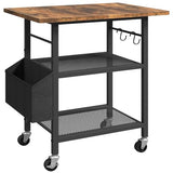 MAHANCRIS 3-Tier Printer Stand, Rolling Printer Table on Wheels, Industrial Storage Stand with Side Pocket, Wooden Tabletop, 2 S-Shaped Hooks, for Home Office, Rustic Brown and Black PTHR2501