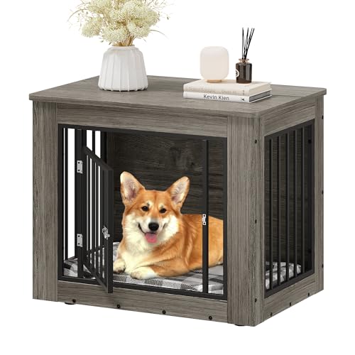 YITAHOME Dog Crate Furniture for Medium Dogs, Side End Table, Modern Dogs Kennel Indoor up to 35 lb, 2-in-1 Iron-Wood Fusion Dog Cage with Waterproof Top, Safety Corners,Steel Lock,30" L,Grei - WoodArtSupply