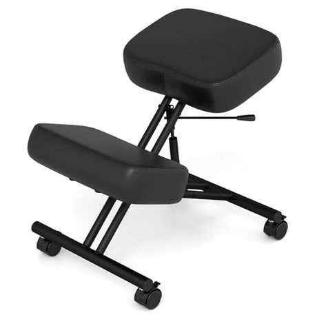 Goplus Kneeling Chair, Upholstered Mobile Desk Chair w/Adjustable Height, Thickened Sponge Cushion, 4 Lockable Universal Wheels, Office Home Padded Stool with Angled Seat, Black (1) Goplus