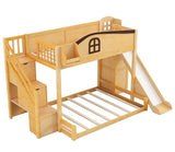 Merax Twin Over Full Bunk Bed with Slide and Staircase, Storage Shelf and Wardrobe, Kids Wood Loft Bunk Bed with House Design Safety Guardrail, Space Saving Kid Bunkbeds, Natural Merax