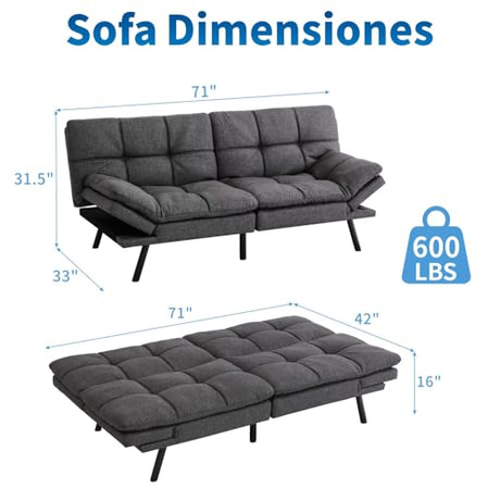 MUUEGM Futon Sofa Bed, 71" Convertible Linen Memory Foam Couch Bed, Modern Backrests Armrests Love Seat for Living Room,Apartment,Office,Charcoal Grey Sleeper Couch MUUEGM