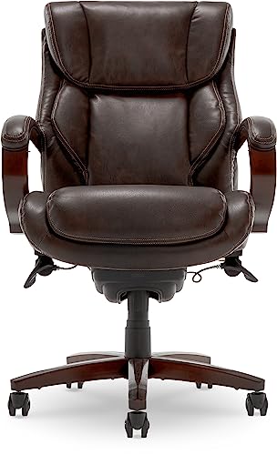 La-Z-Boy Bellamy Executive Office Chair with Memory Foam Cushions, Solid Wood Arms and Base, Waterfall Seat Edge, Bonded Leather, Brown - WoodArtSupply