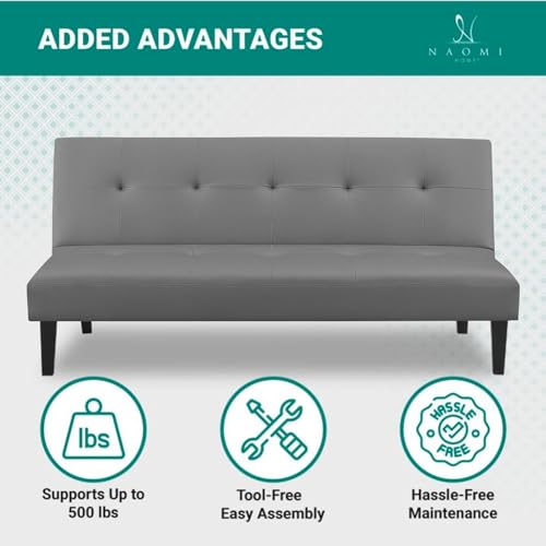 Naomi Home Tufted Faux Leather Futon Sofa Bed - Modern Convertible Folding Couch With Wooden Legs, Reclining Small Bed, Durable and Sturdy, Gray Naomi Home