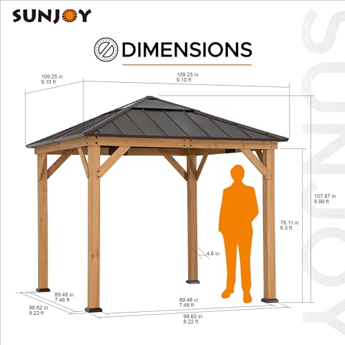 Sunjoy Hardtop Gazebo 9 x 9 ft. Cedar Framed Wood Gazebo with Brown Steel & Polycarbonate Pyramid Hip Roof and Ceiling Hook for Garden, Backyard - WoodArtSupply