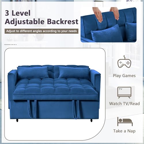 Thctvous 3 in 1 Pull Out Couch Bed, Convertible Futon Sofa Bed, Velvet Sleeper Loveseat for Small Living Room, Adjustable Backrest, Comfy Pillows, Side Pocket (Blue) Thctvous