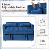 Thctvous 3 in 1 Pull Out Couch Bed, Convertible Futon Sofa Bed, Velvet Sleeper Loveseat for Small Living Room, Adjustable Backrest, Comfy Pillows, Side Pocket (Blue) Thctvous