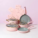 Paris Hilton Epic Nonstick Pots and Pans Set, Multi-layer Nonstick Coating, Tempered Glass Lids, Soft Touch, Stay Cool Handles, Made without PFOA, Dishwasher Safe Cookware Set, 12-Piece, Pink Paris Hilton