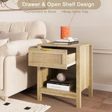 KIGOTY Farmhouse Rattan Nightstand Set of 2, Bedside Table with Drawer,Open Compartment, Side Table with Storage, End Table for Bedroom,Oak KIGOTY